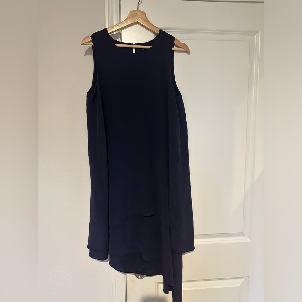 Beautiful Eileen Fisher Silk Asymmetrical Dress Sleeveless Navy Blue Size Med